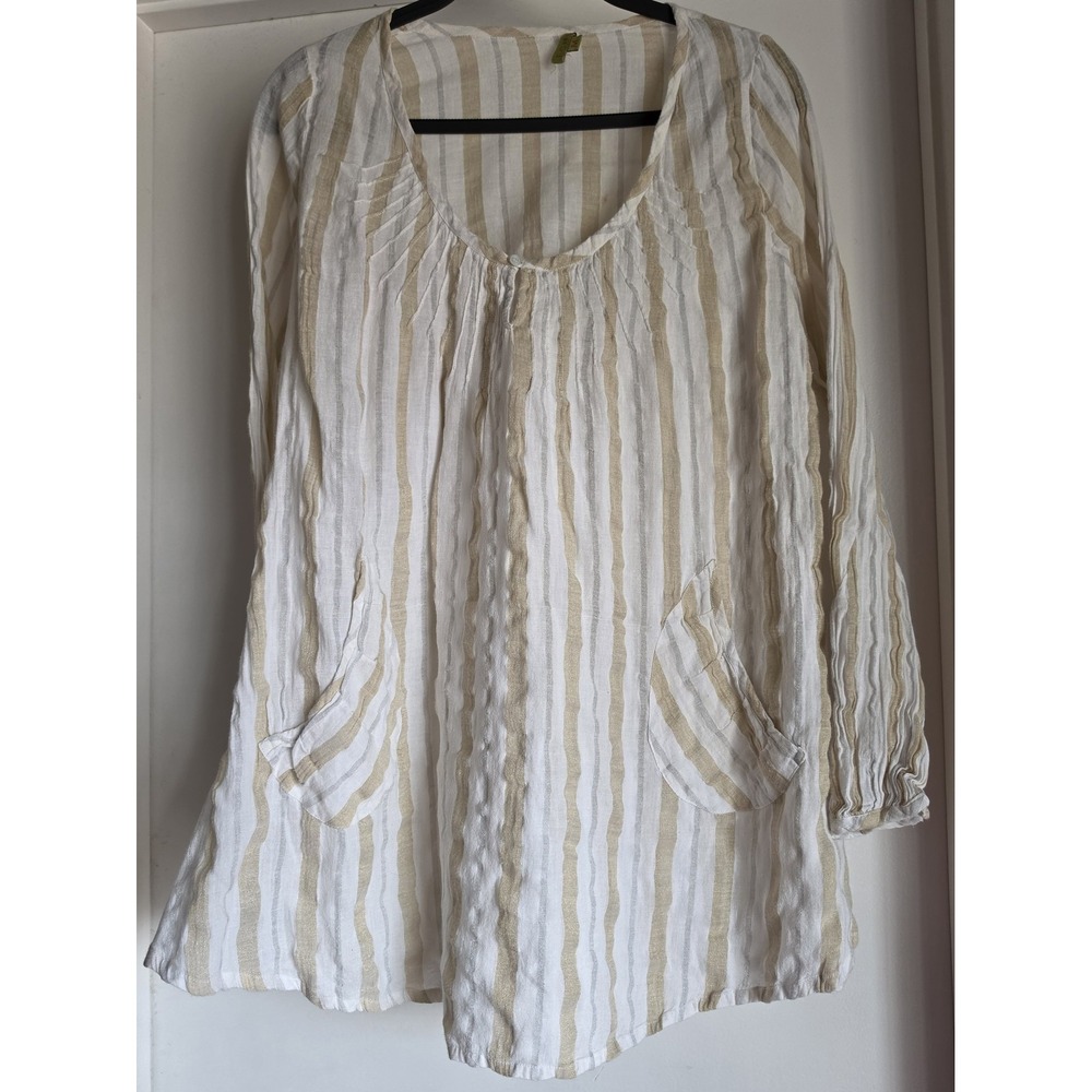 Echo Tunic Women M Striped Boho Long Sleeve Round Neck Tan White Top Shirt